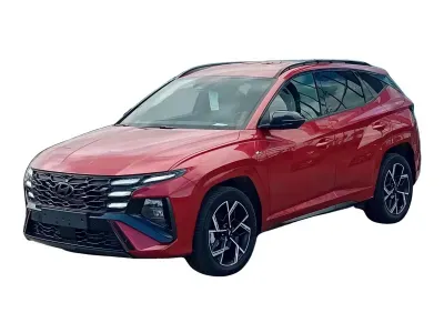 CZERWONY SUV HYUNDAI TUCSON z 2025 r., HYBRYDA/BENZYNA, skrzynia biegów AUTOMATYCZNA 215KM, zdjęcie 2 z 8