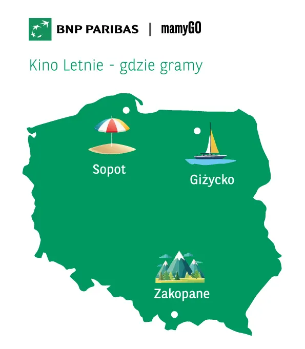mapa Polski, gdzie możesz znaleźć mamGO w ramach BNP Paribas Kino Letnie
